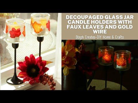 Decoupaged Glass Jar Candle Holders with Leaf and Gold Wire Design