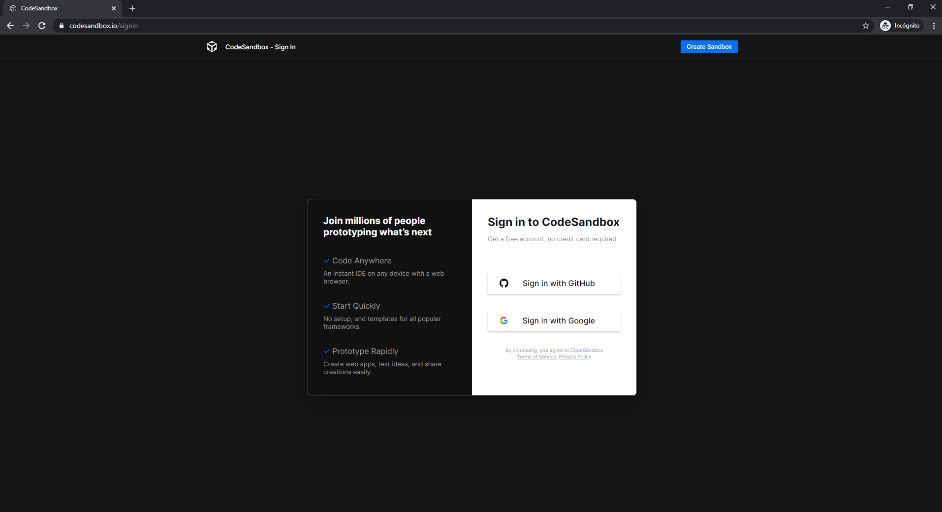 codesandbox log in.png