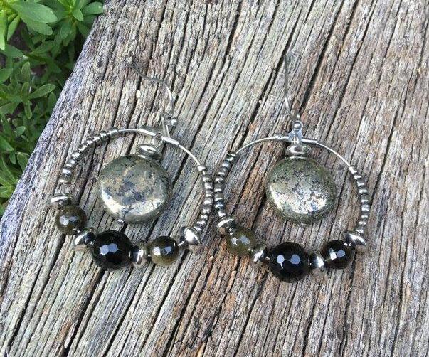 Pyrite & Obsidian Gemstone Hoop Earrings