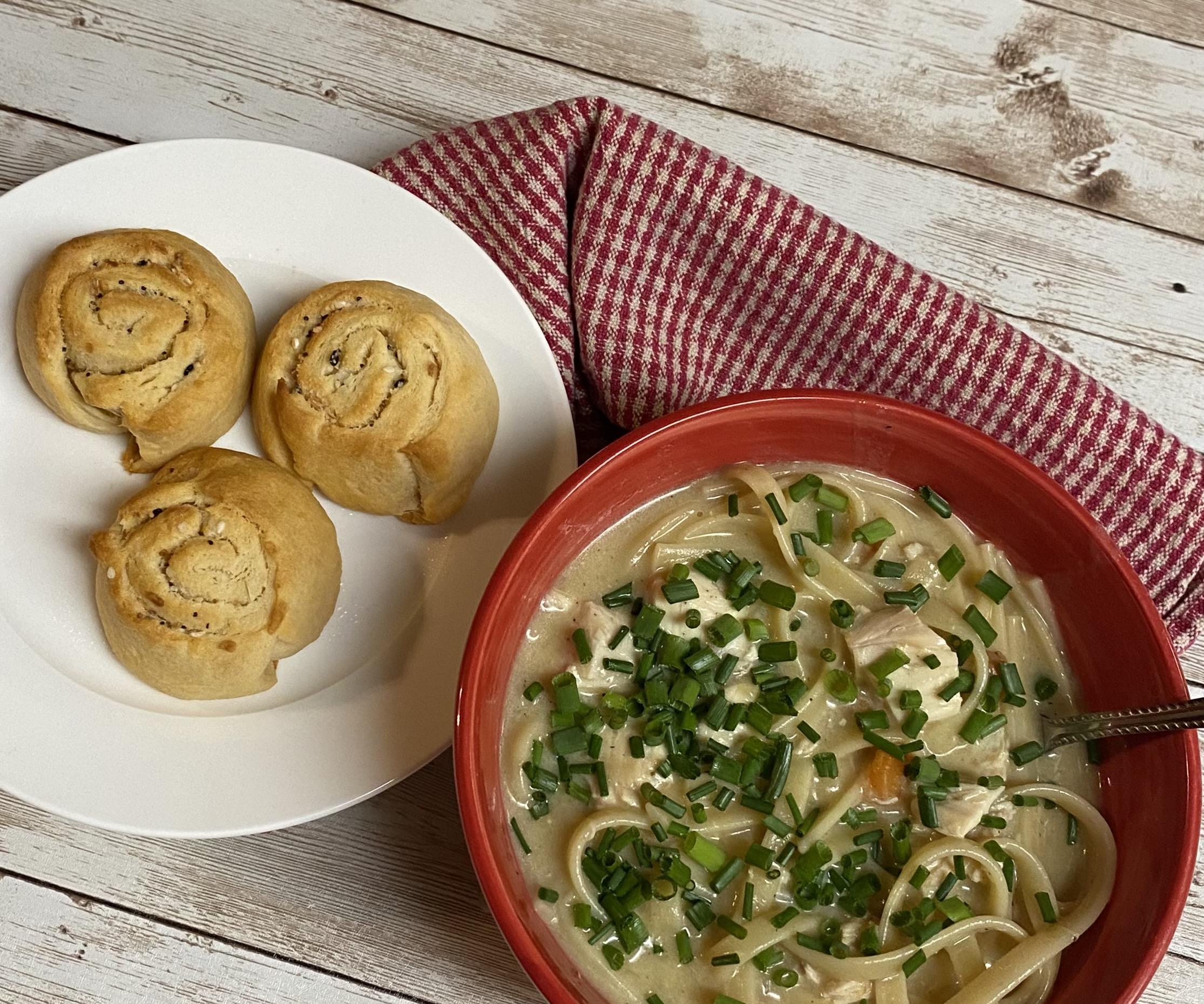 Creamy Chicken Fettuccine Soup With Everything Crescent Twirls