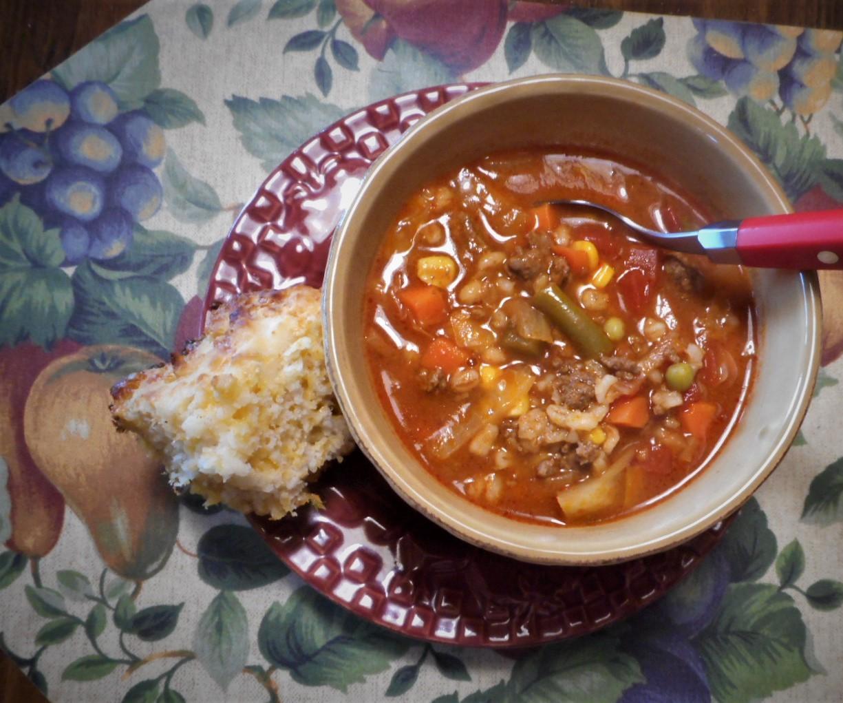 HEARTY HAMBURGER BARLEY VEGETABLE SOUP WITH BUTTERY GARLIC & HERB BISCUITS