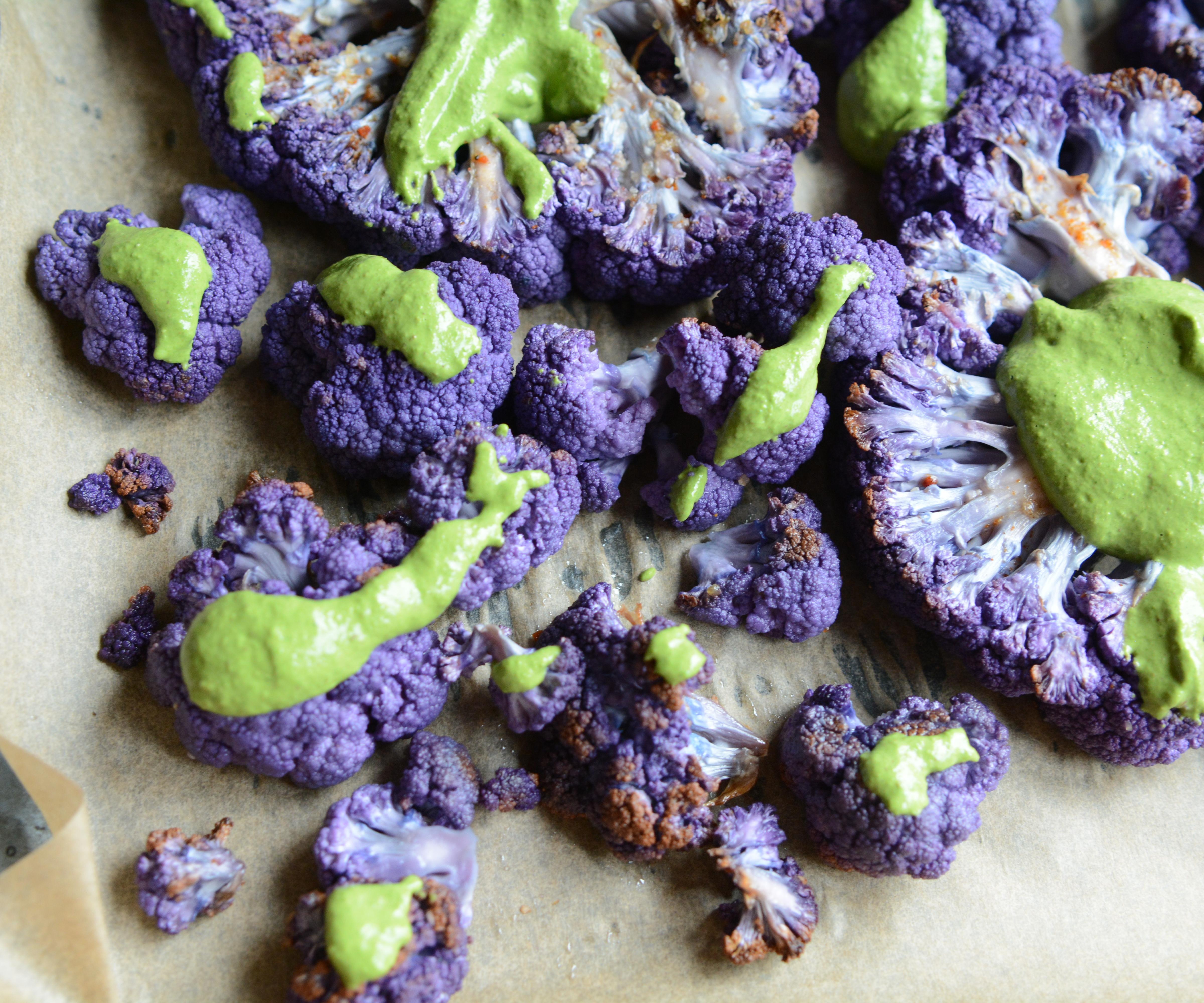 Purple Cauliflower Steaks With Pistachio-Spinach Pesto 
