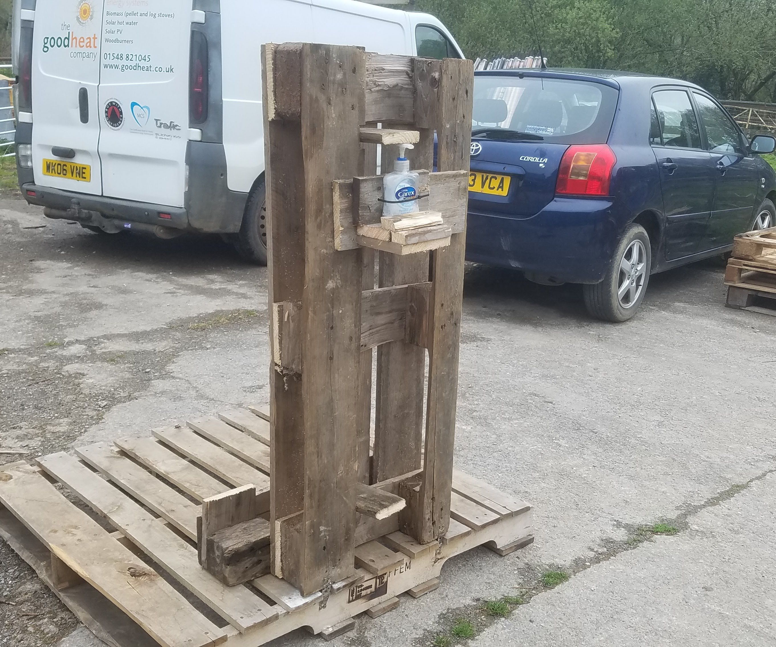 Pedal Operated Hand Sanitiser - With Basic Tools, Pallets, Screws and Zip Ties.