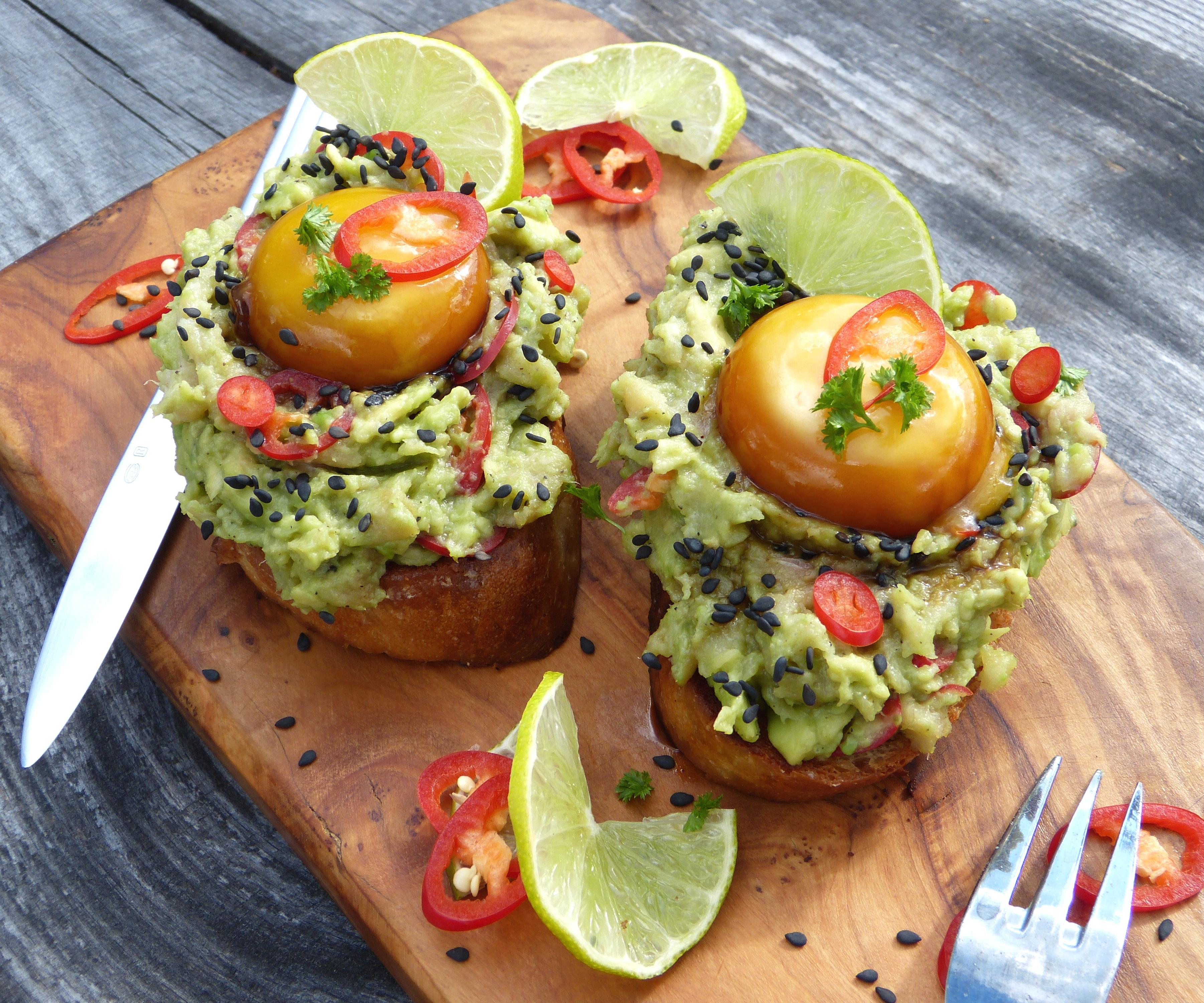 Cured Egg Yolk, Salmon and Avocado Open Sandwich