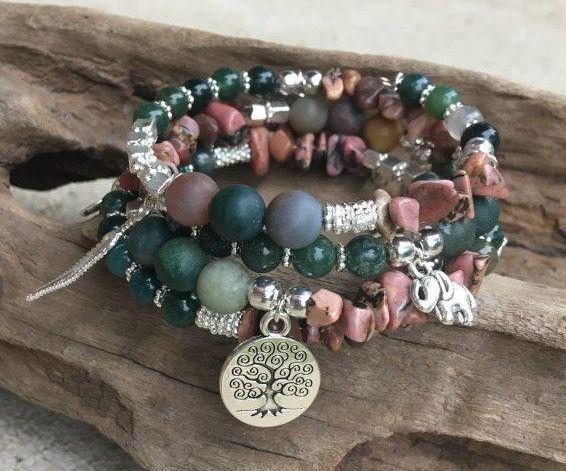 Gemstone & Charm Memory Wire Bracelet