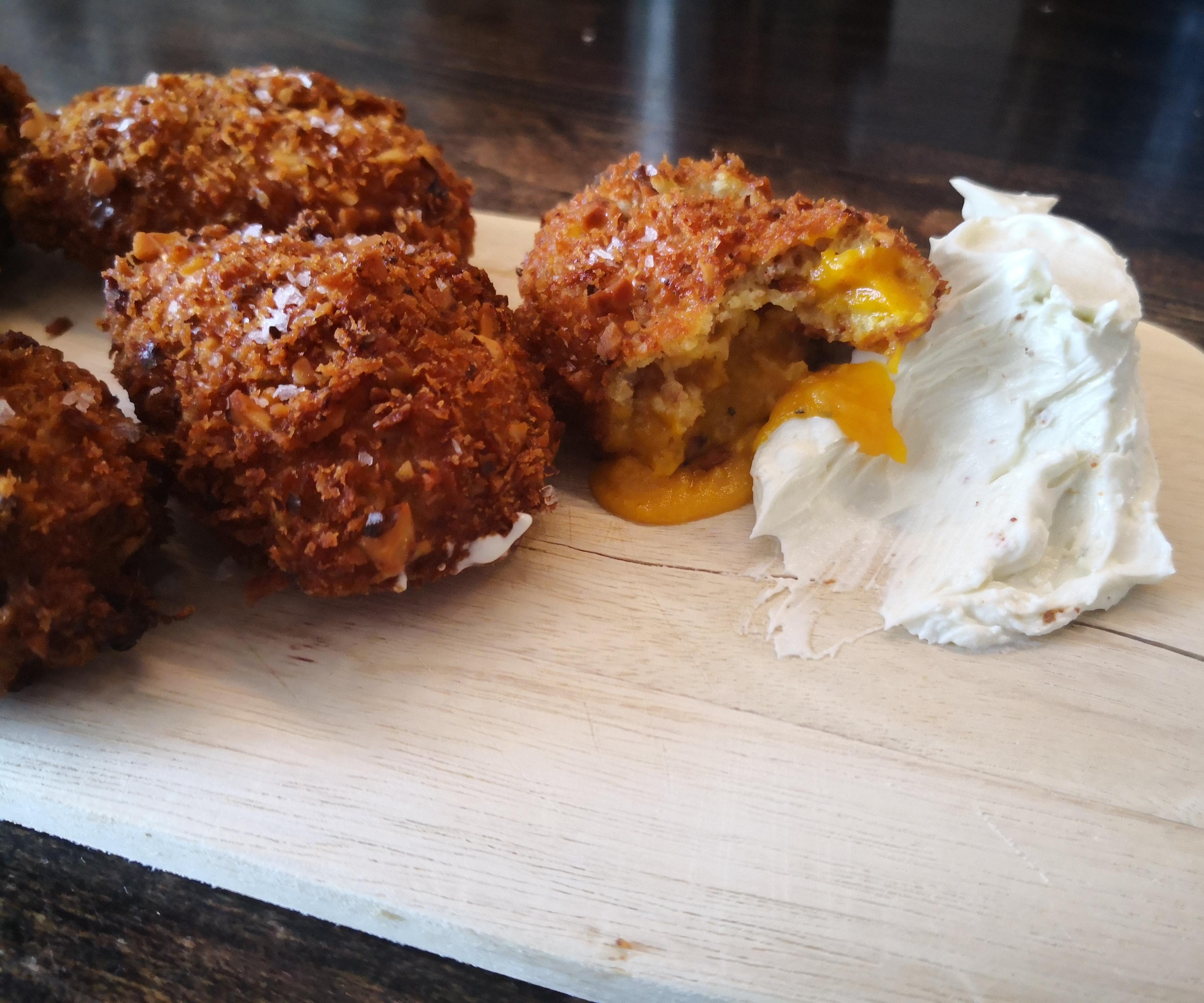 Walnut/Panko-Crusted Pumpkin Poppers With Blue Cheese Cream