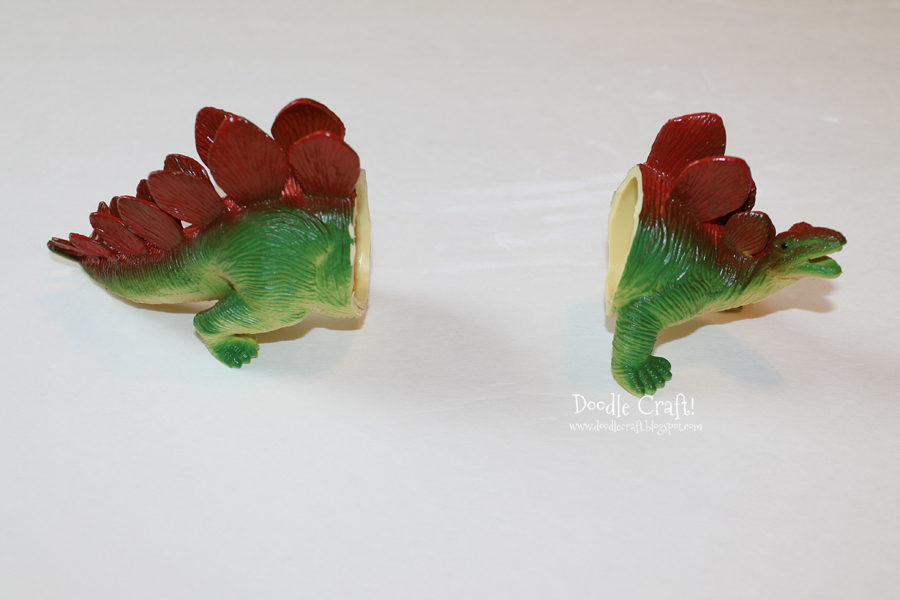 dinosaur toy book ends diy make your own teal aqua spray painted kids toys crafts activities projects t-rex stegosaurus toys plastic and wood upcycle (14).JPG