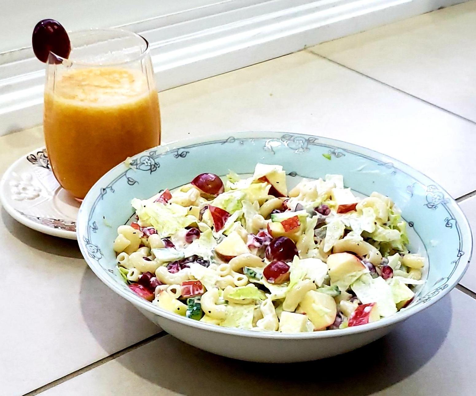 Healthy Russian Salad and Peach Juice!