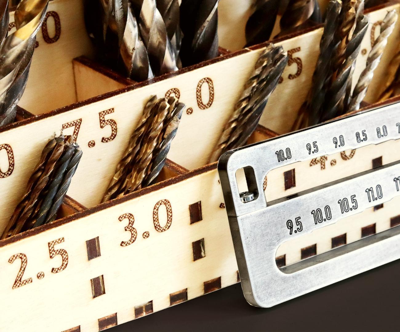 Laser Cut Drill Bit Organizer and CNC Routed Drill Bit Sorting Gauge