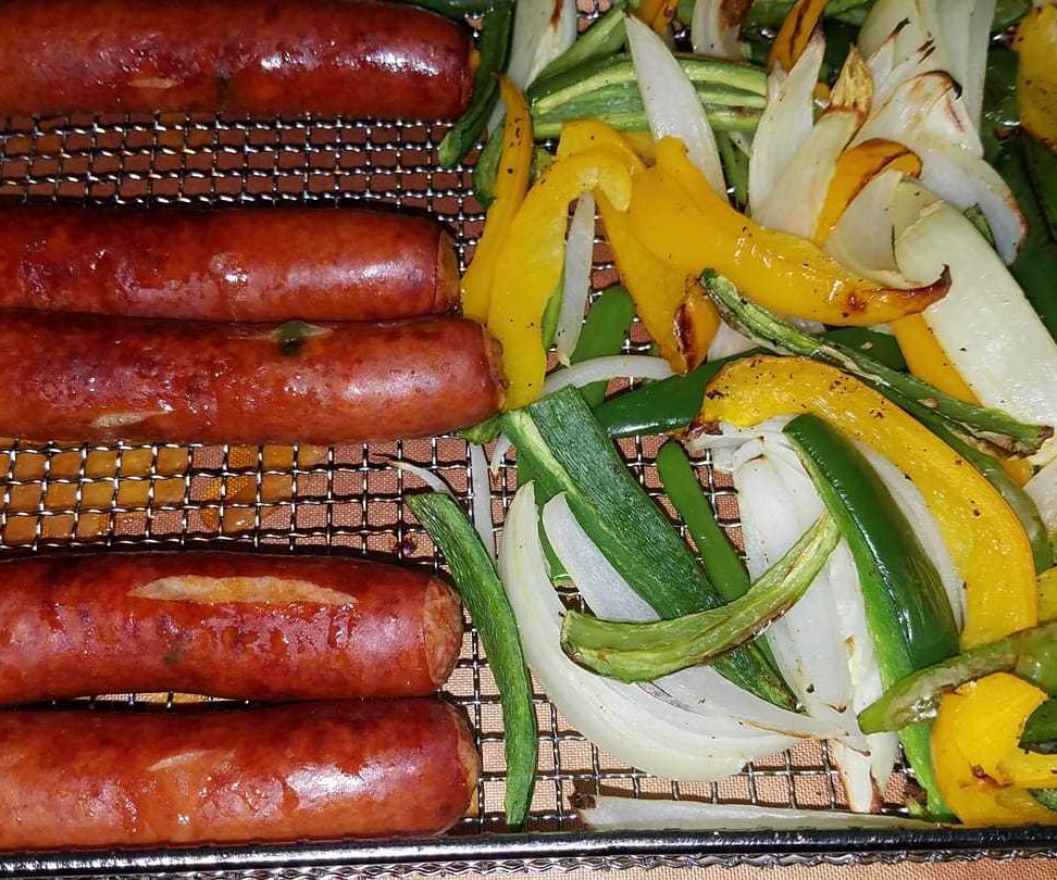 Quick and Easy Air Fried Bratwurst, Peppers, and Onions