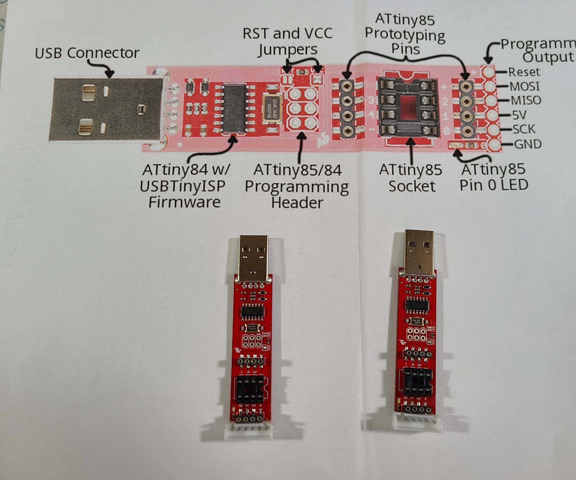 Attiny85, Attiny84 and Atmega328 Programming Boards for Use With SparkFun AVR Programmer.