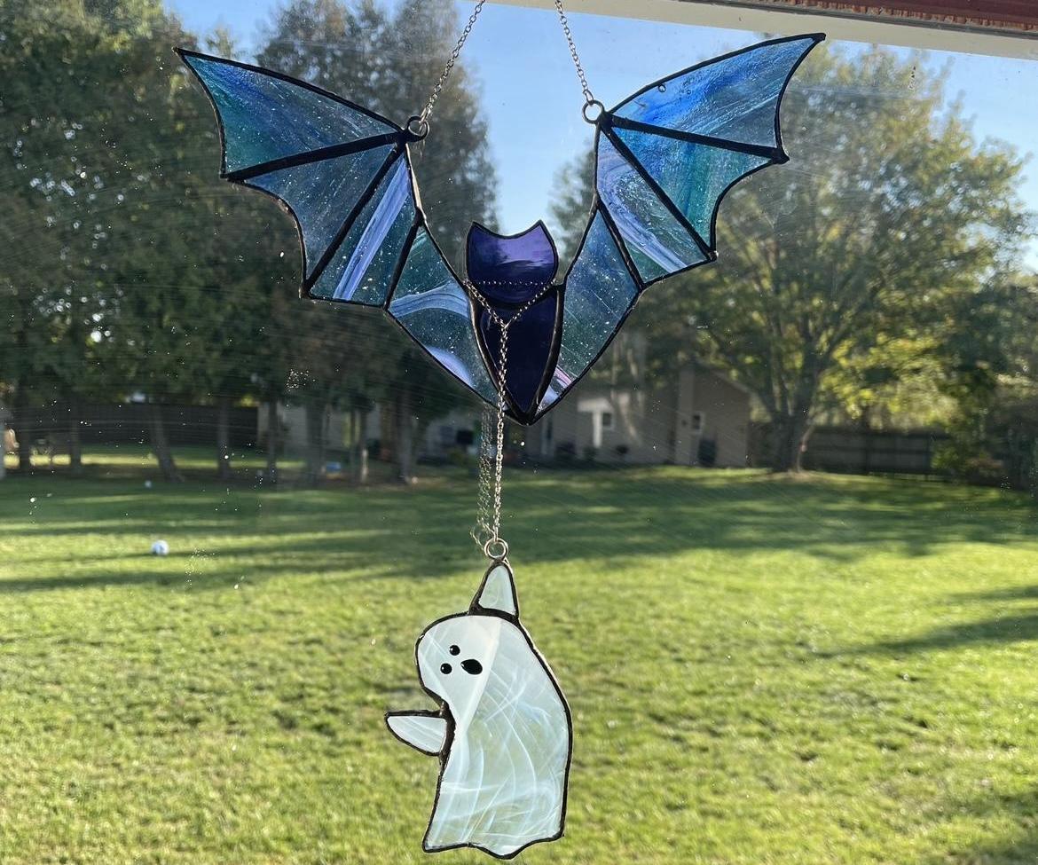 Ghost Tries to Walk a Bat - Stained Glass Suncatcher