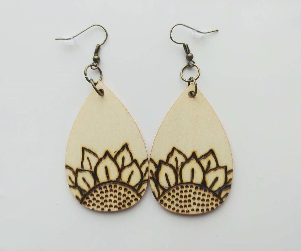 Wood Burned Sunflower Earrings