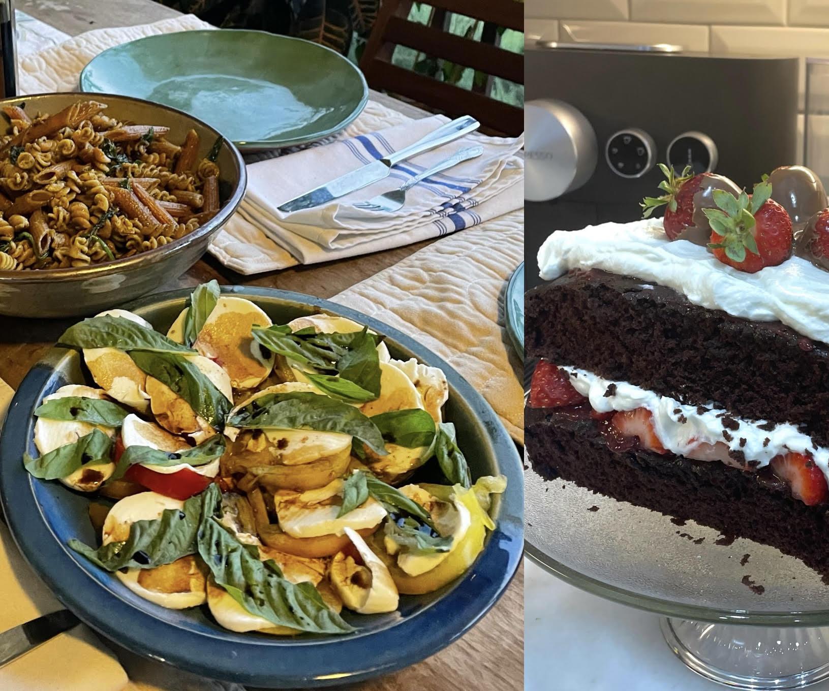 Sunny Three-Course Meal: Caprese Salad, Pesto Pasta, and Strawberry Cream Cake