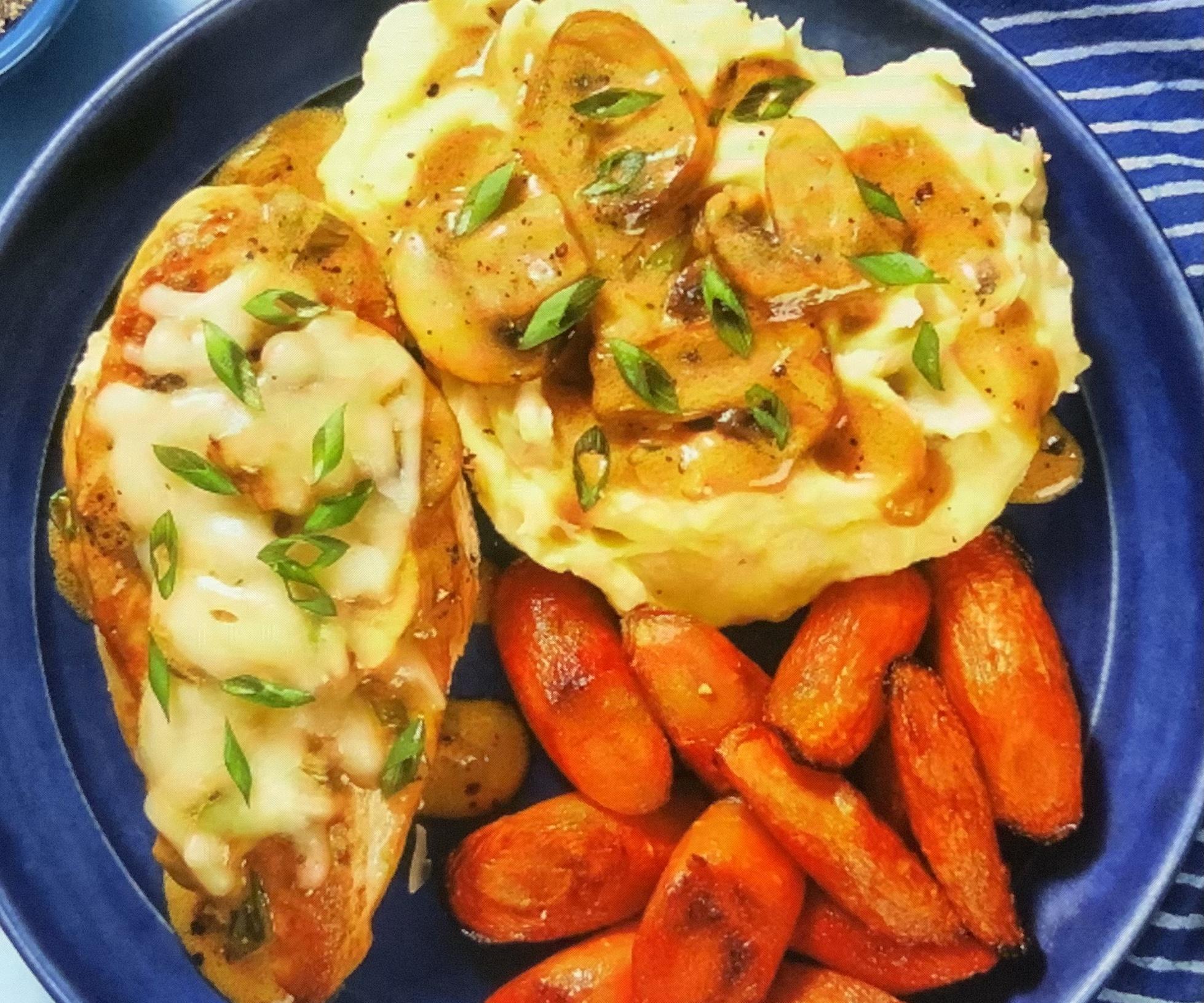 Cheesy Chicken With Sautéed Mushroom, Side of Roasted Carrots and Mashed Potatoes