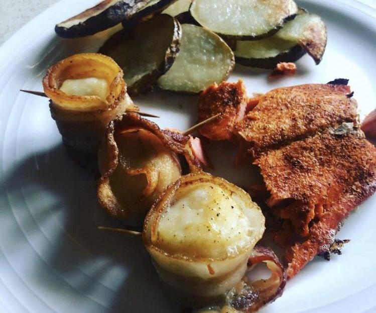 Baked Cajun Salmon With Bacon Wrapped Scallops and Potatoes