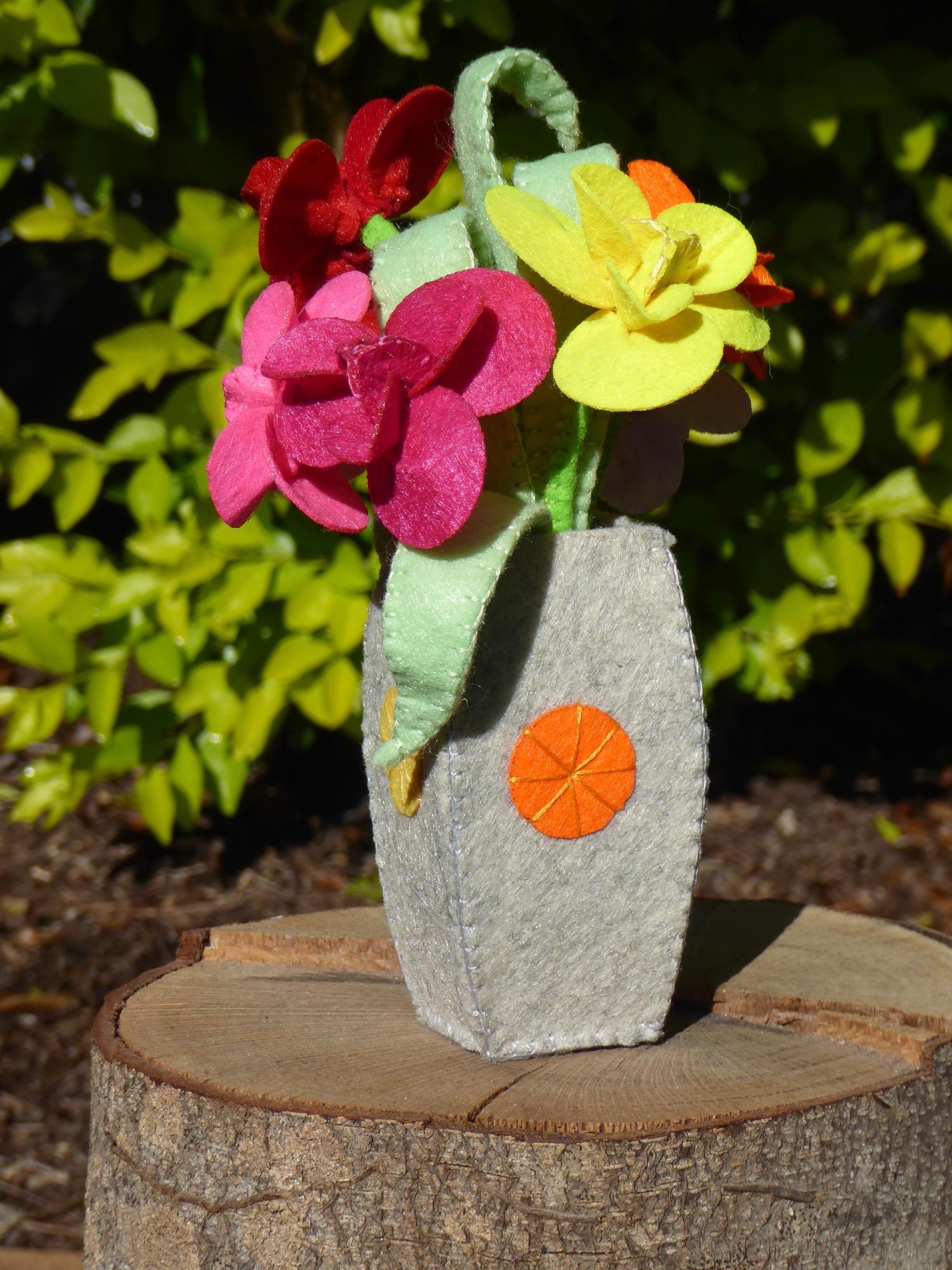 Miniature Embroidered Felt Floral Bouquet and Mini "concrete" Vase