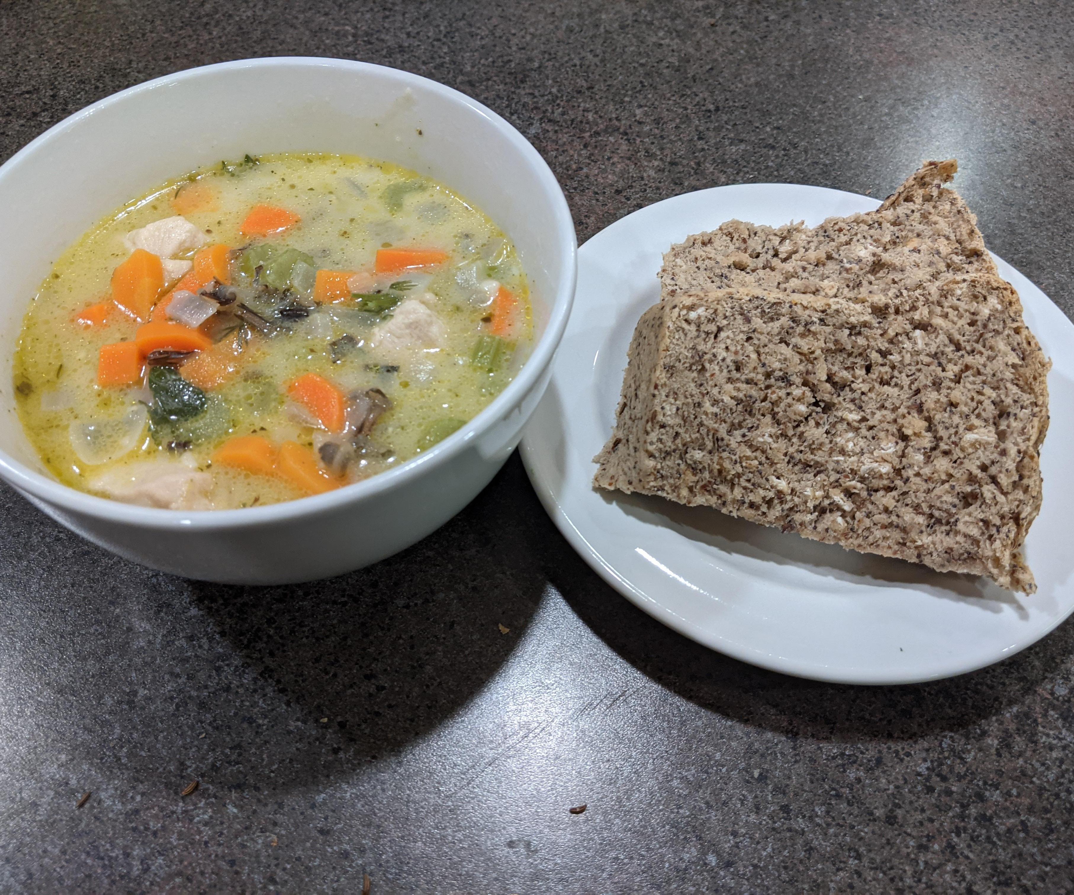 Delicious Whole Wheat Multigrain Bread With Creamy Chicken and Wild Rice Soup
