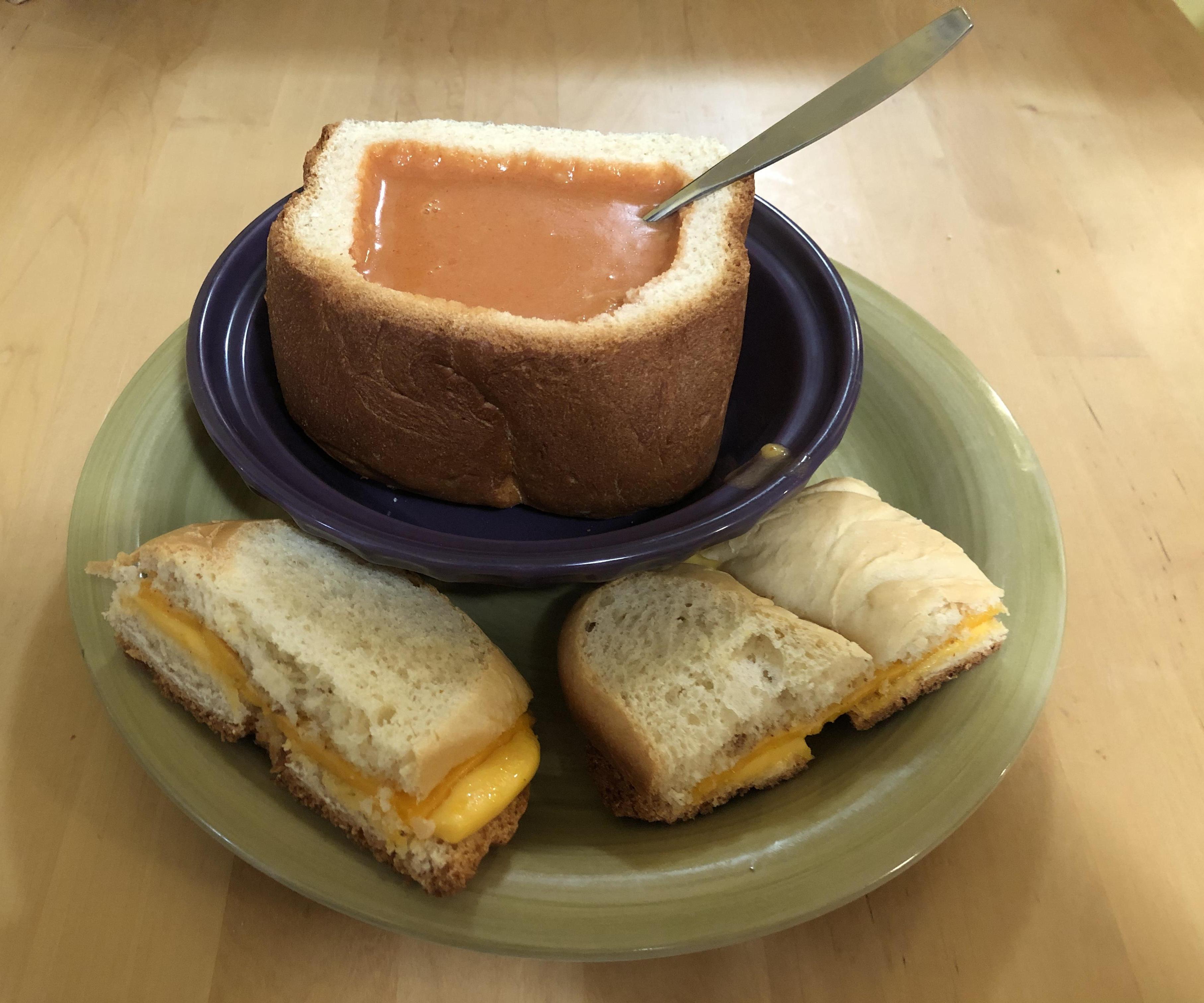 A Feast in One Pot: Tomato-Lentil Soup in Bread Bowls With Cheese Sandwiches and Bread Pudding