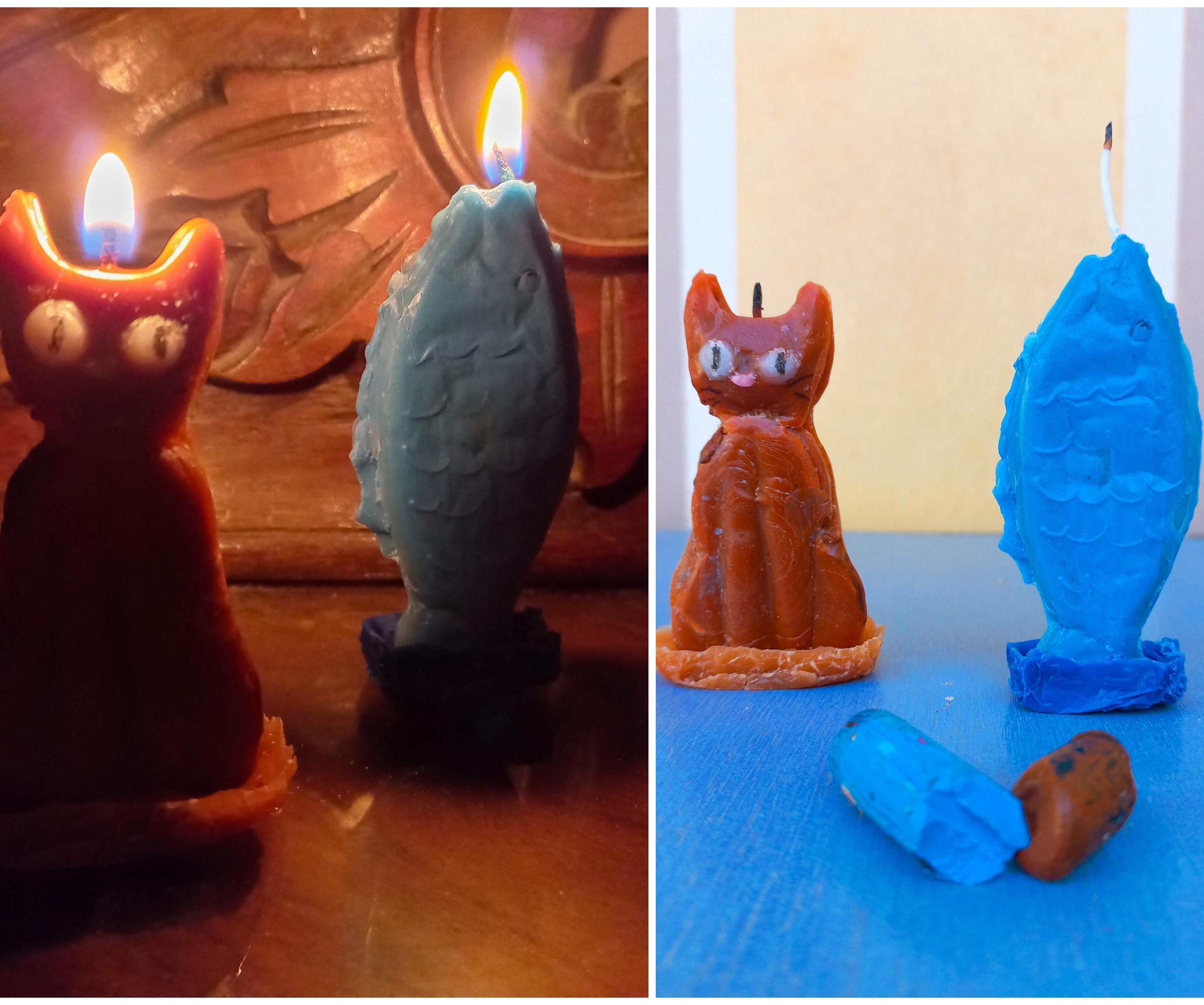 Cat-shaped and Fish-shaped Candles From Old Crayons and Candles