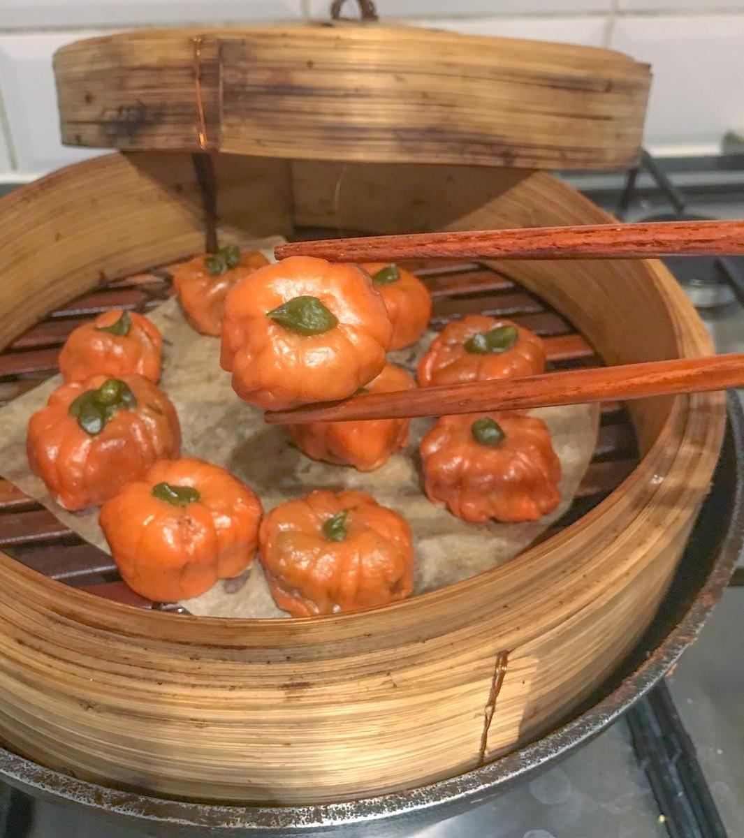 Delicious Steamed Pumpkin Filled Vegetarian Dumplings.