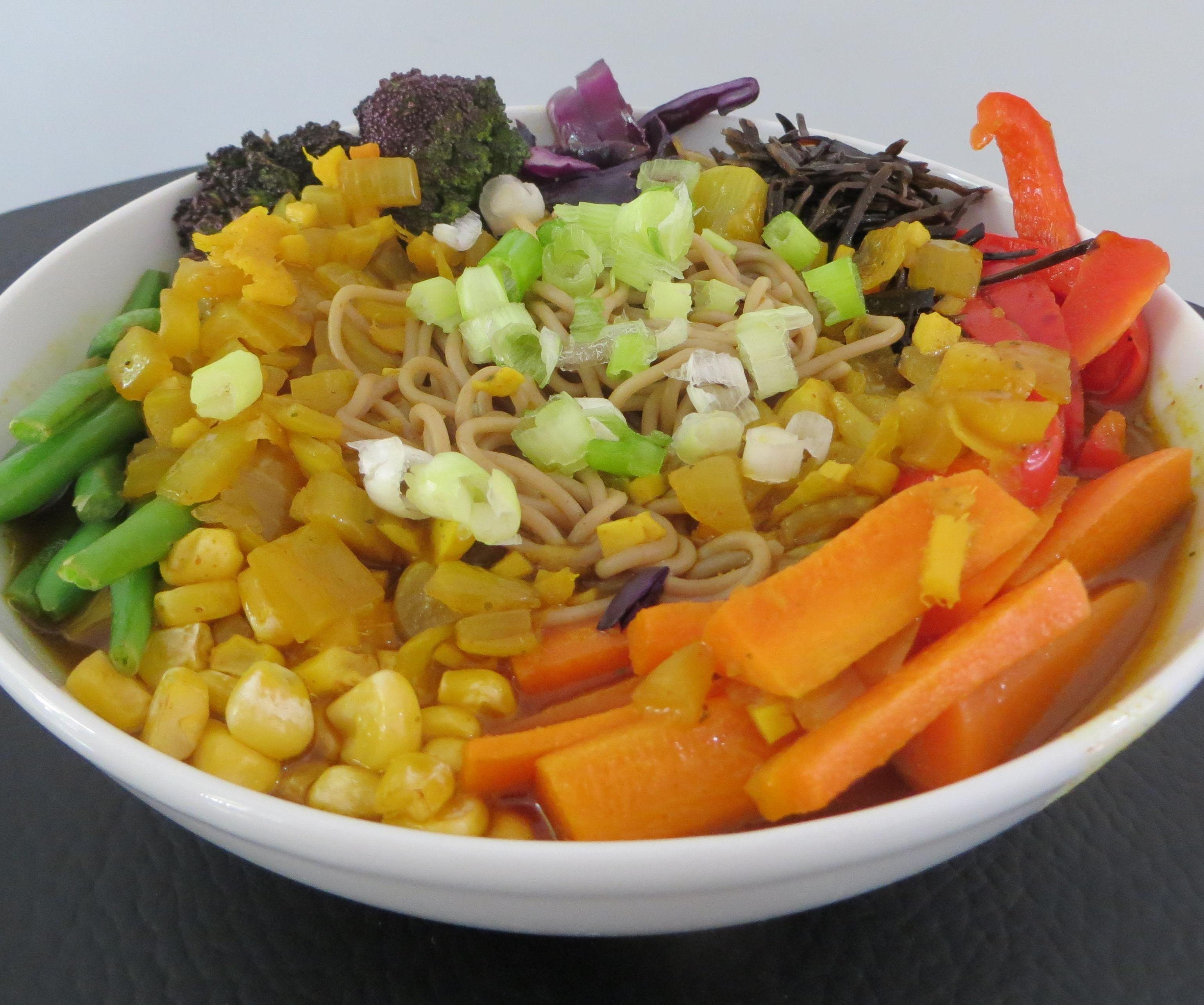 Vegan Rainbow Ramen in a Bowl of Gold