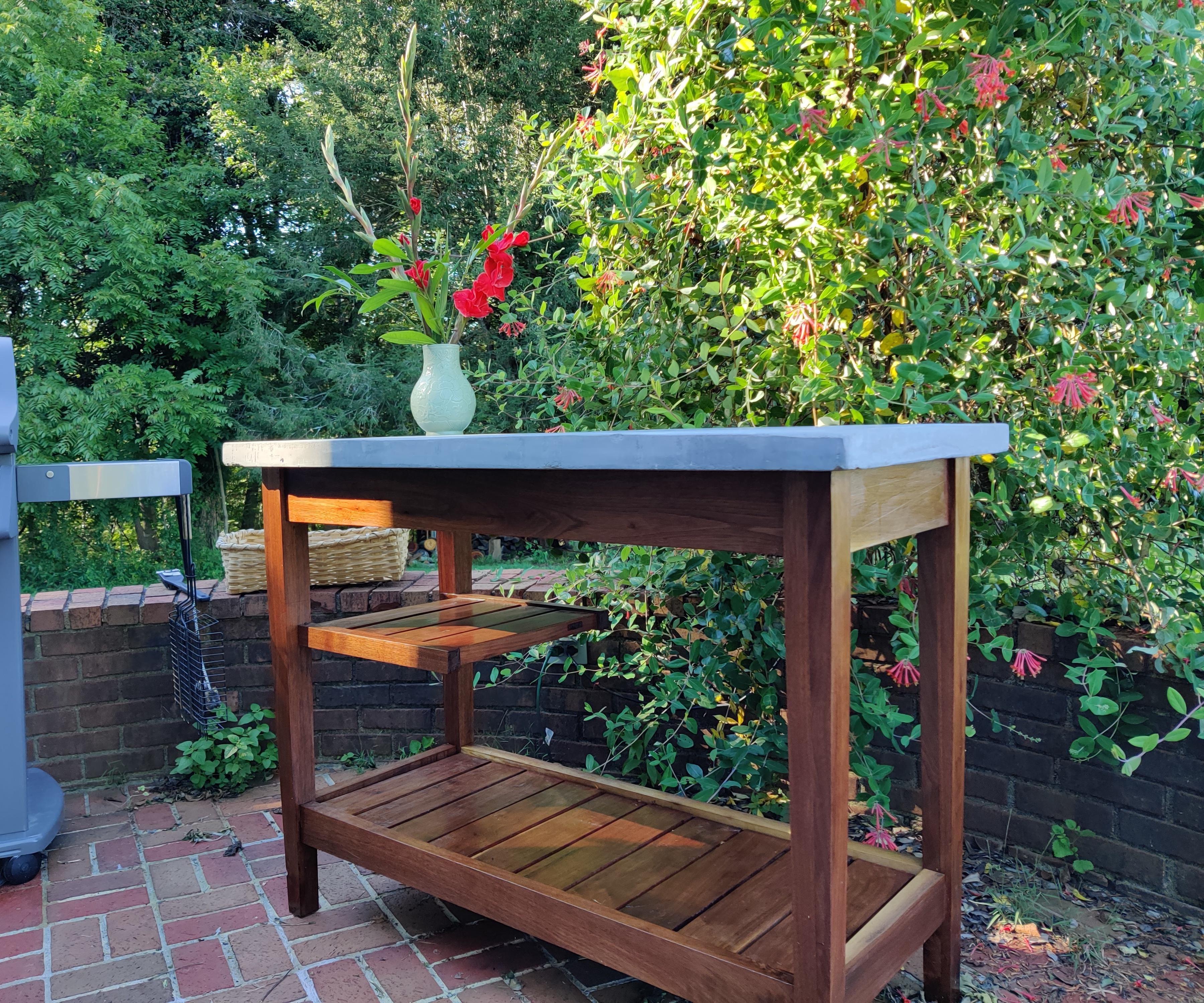 Walnut and Concrete Table With Floating Shelf