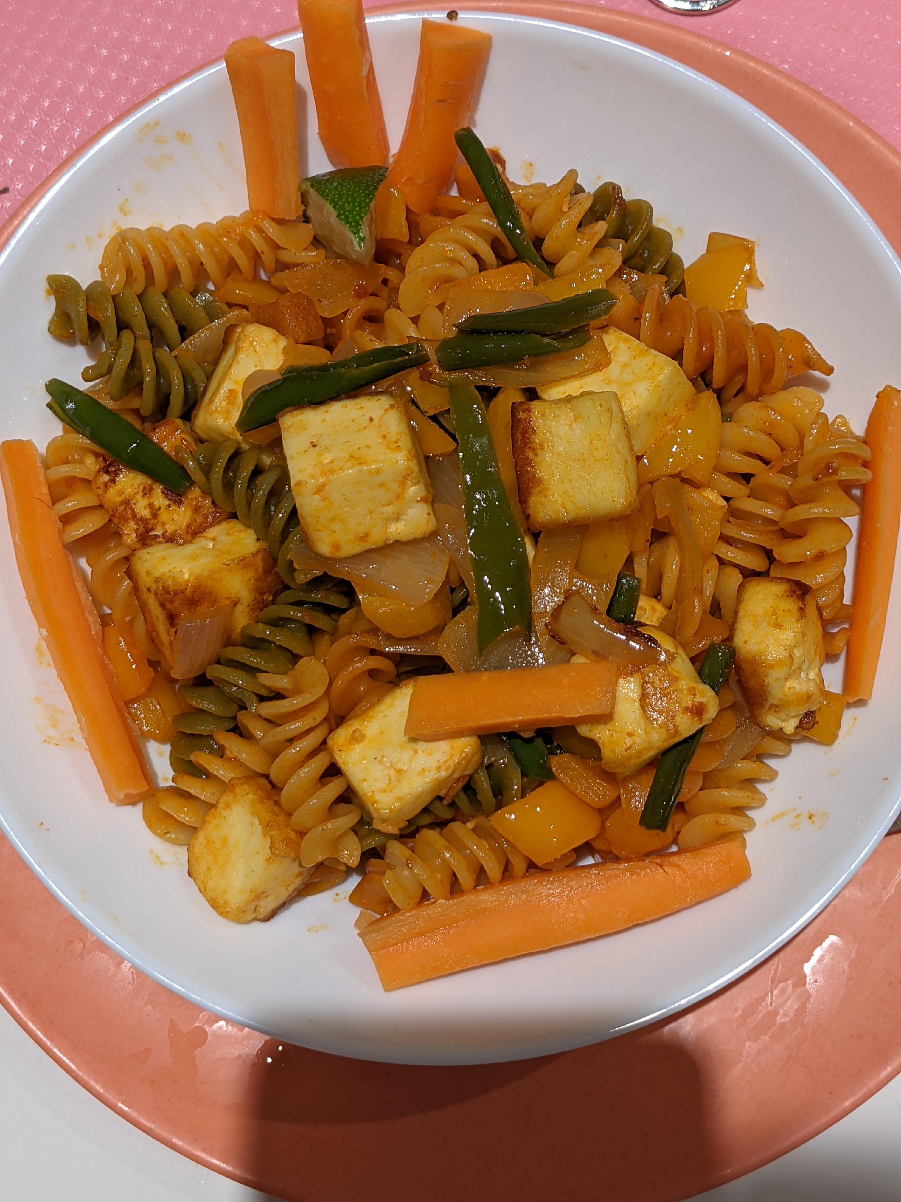 Fried Paneer Tricolor Pasta