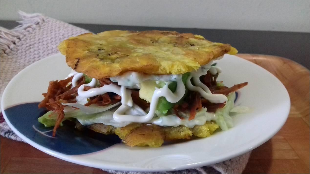 Crispy Green Plantains, Shredded Beef and Vegetables Tropical Sandwich