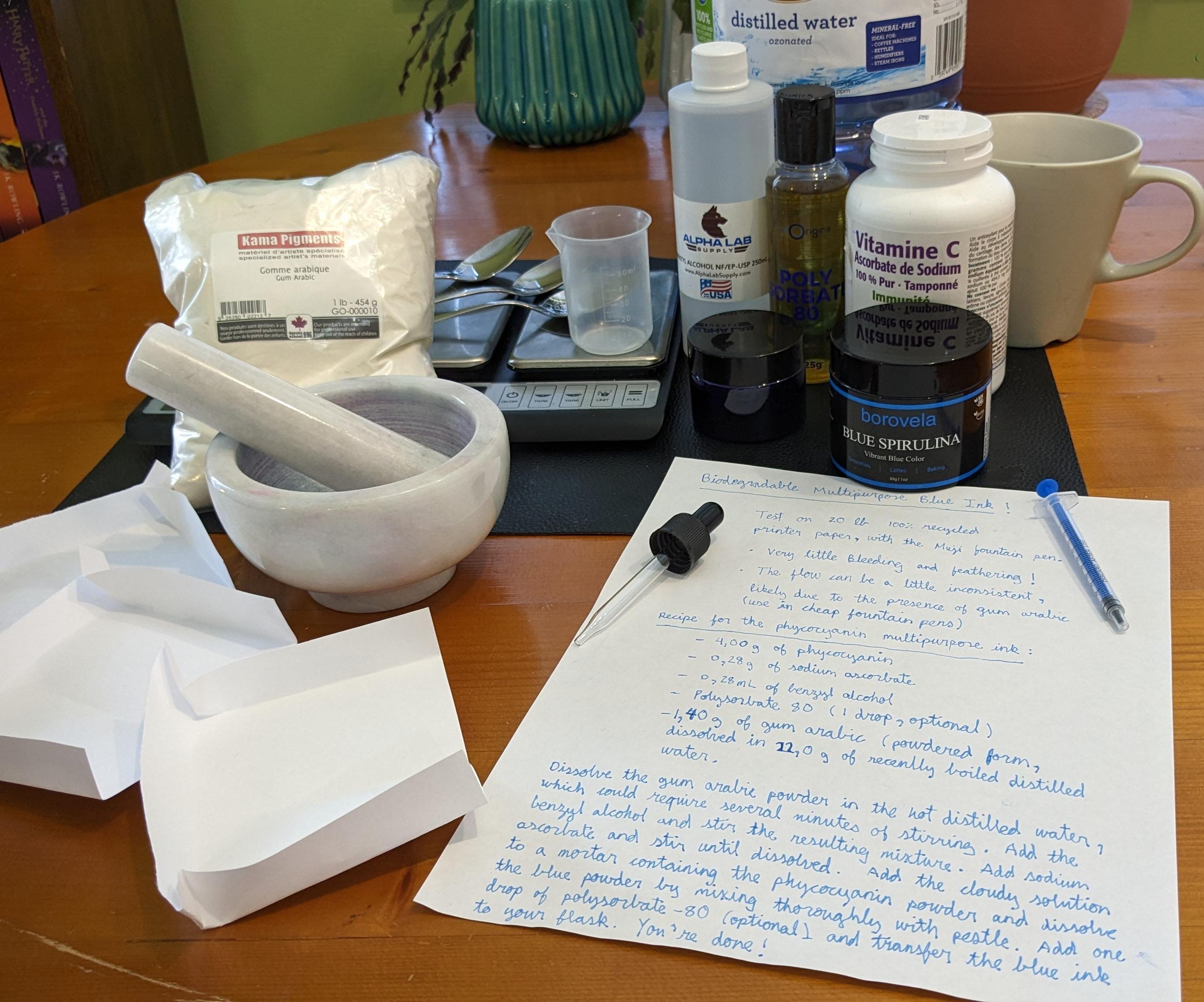 Recipe for a Multipurpose, Biodegradable and Wet-Erase Blue Ink for Fountain Pens, Dip Pens, and Markers