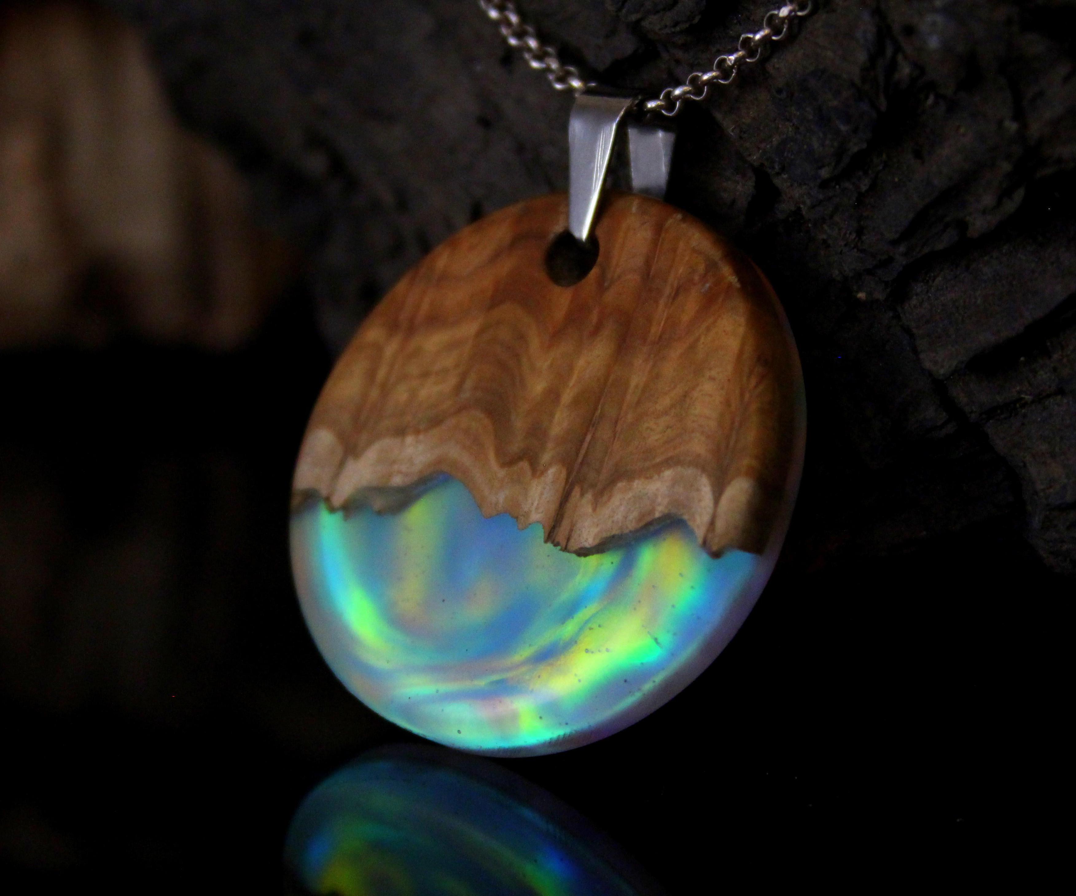 Opal, Wood and Epoxy Resin Aurora Pendant