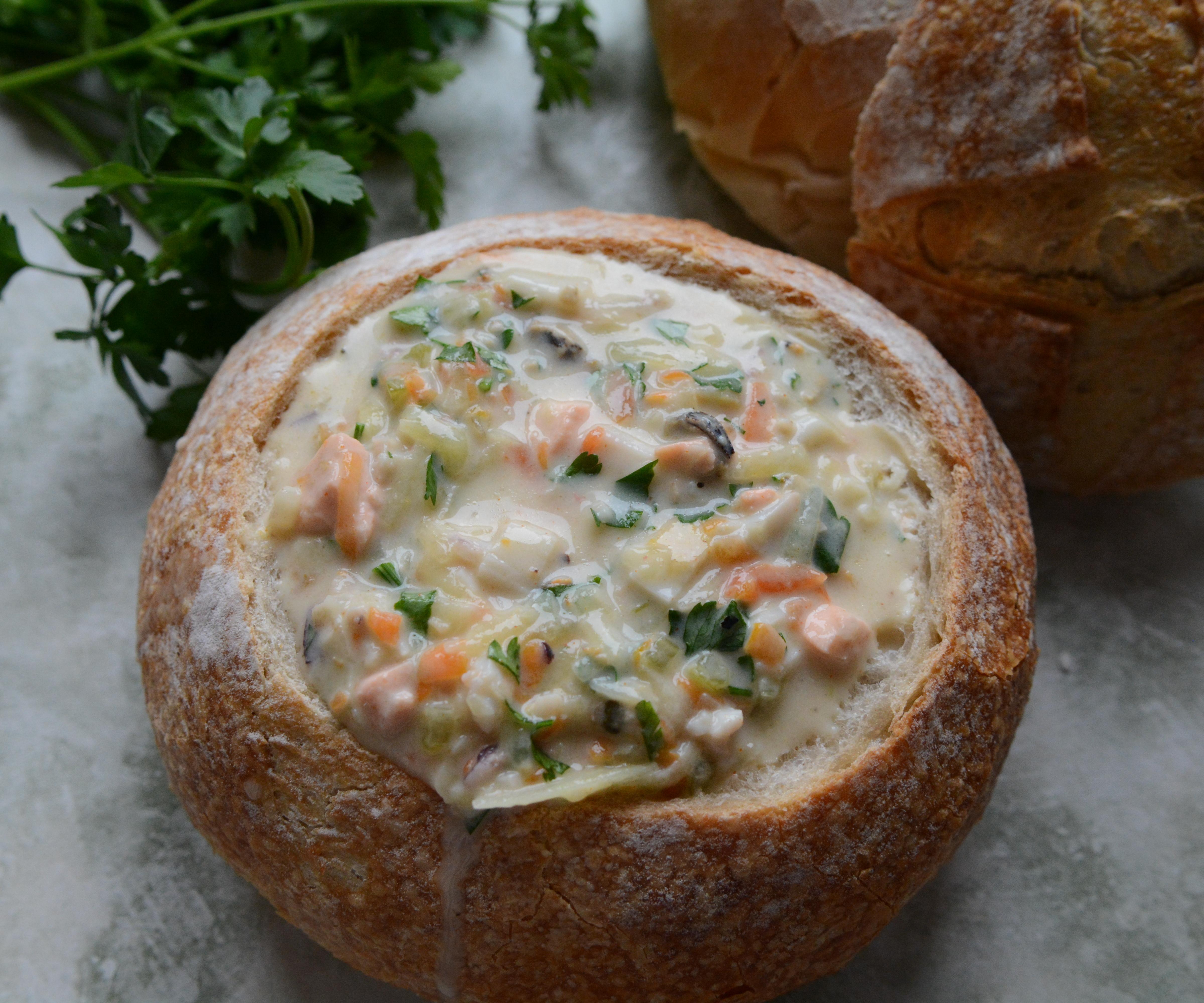 Seafood Chowder Served in a Bread Bowl