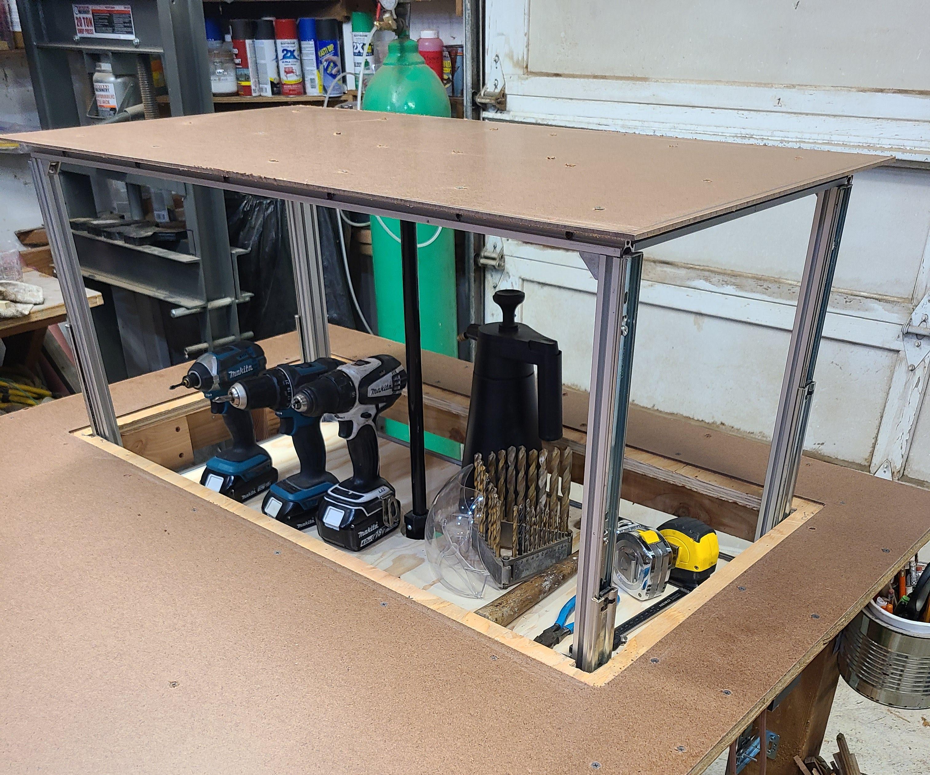 Powered Rising Shelf for a Workbench / Outfeed Table